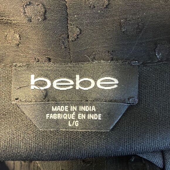 Bebe Black Dotted Swiss Dress Neck Tie Ruffles Large - Picture 9 of 10